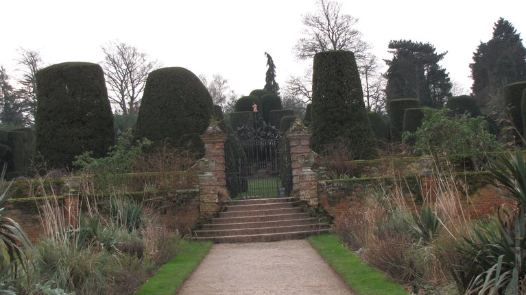 A view of the borders and terrace at Packwood, Warwickshire in winter